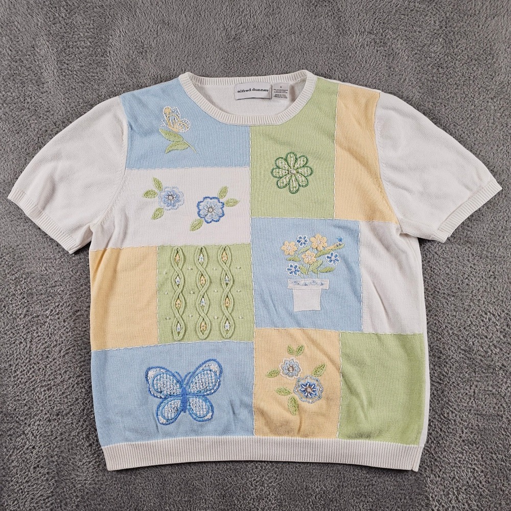 Alfred Dunner Pastel Patchwork Floral Butterfly Embroidered Knit Top Small